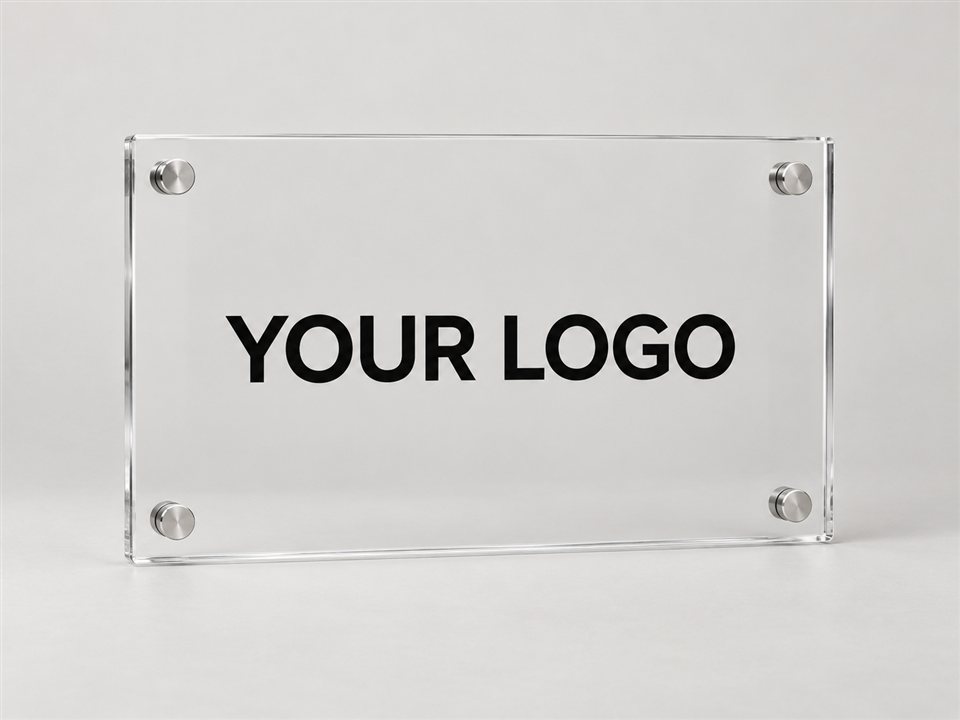 Branded acrylic sign with a full logo placeholder