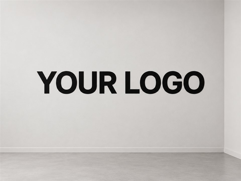 Branded wall graphics with a full logo placeholder