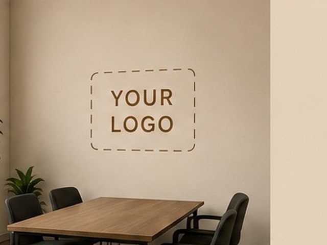 Branded wall graphics with a full logo placeholder