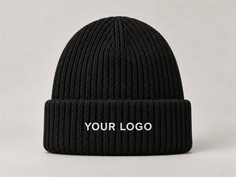 Black beanie mockup with white YOUR LOGO branding