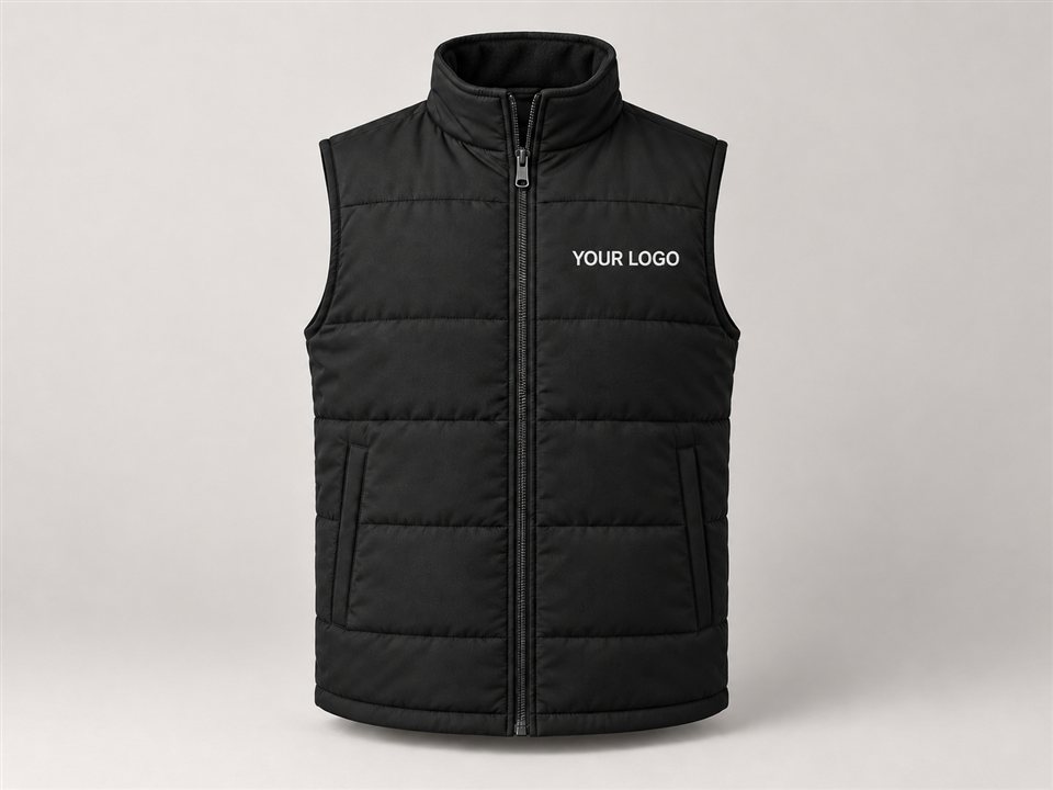 Black gilet mockup with white YOUR LOGO branding