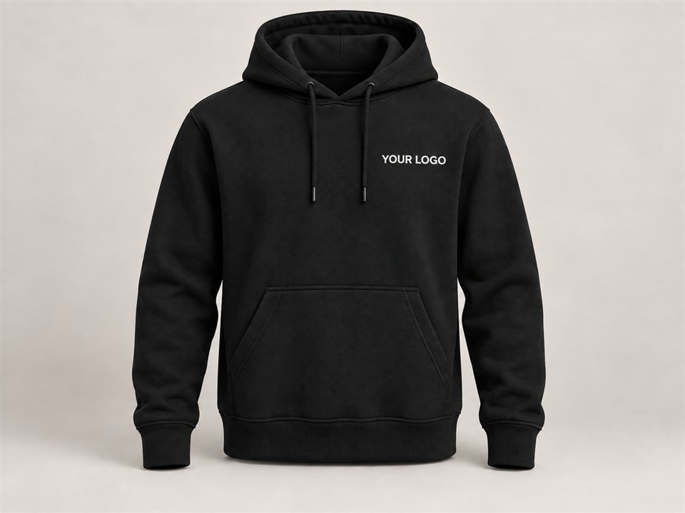 Black hoodie mockup with white YOUR LOGO branding
