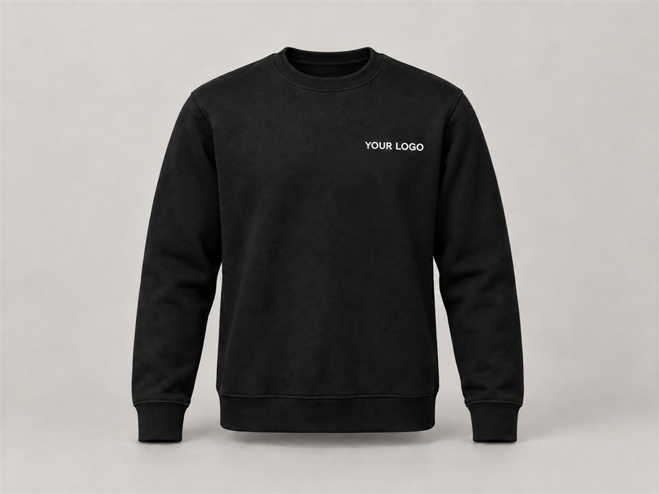 Black sweatshirt mockup with white YOUR LOGO branding